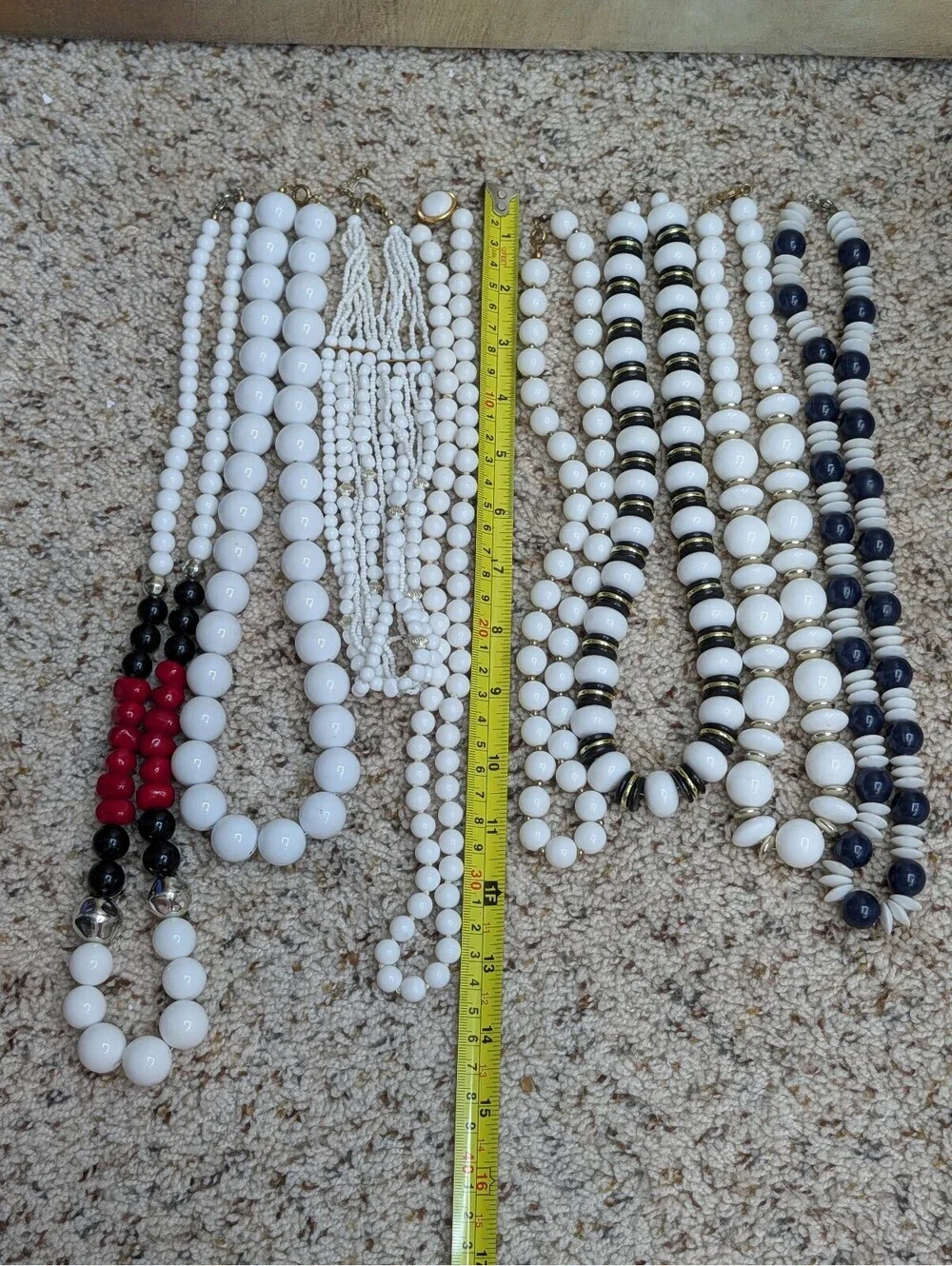 Vintage White Plastic Bead Necklace Lot Set 8 Mid Century Monochrome Modernist